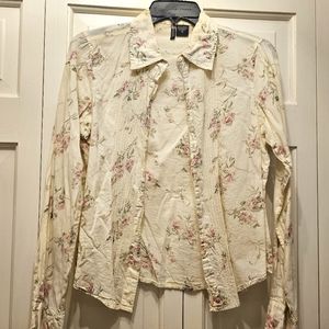Passport Cream with Pink Flowers Women's Button-Down Sz M